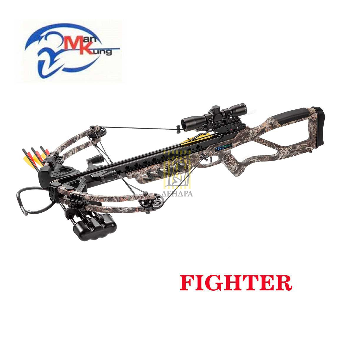 Арбалет блочный, начальная скорость 370 фут/сек, сила 95Lbs, длина натяжения 14", цвет камуфлированн