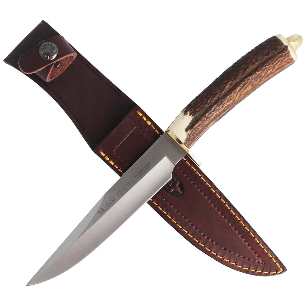 Нож "TEJON" с фикс клинком длиной 16 см, рукоять рог оленя, ножны кожа