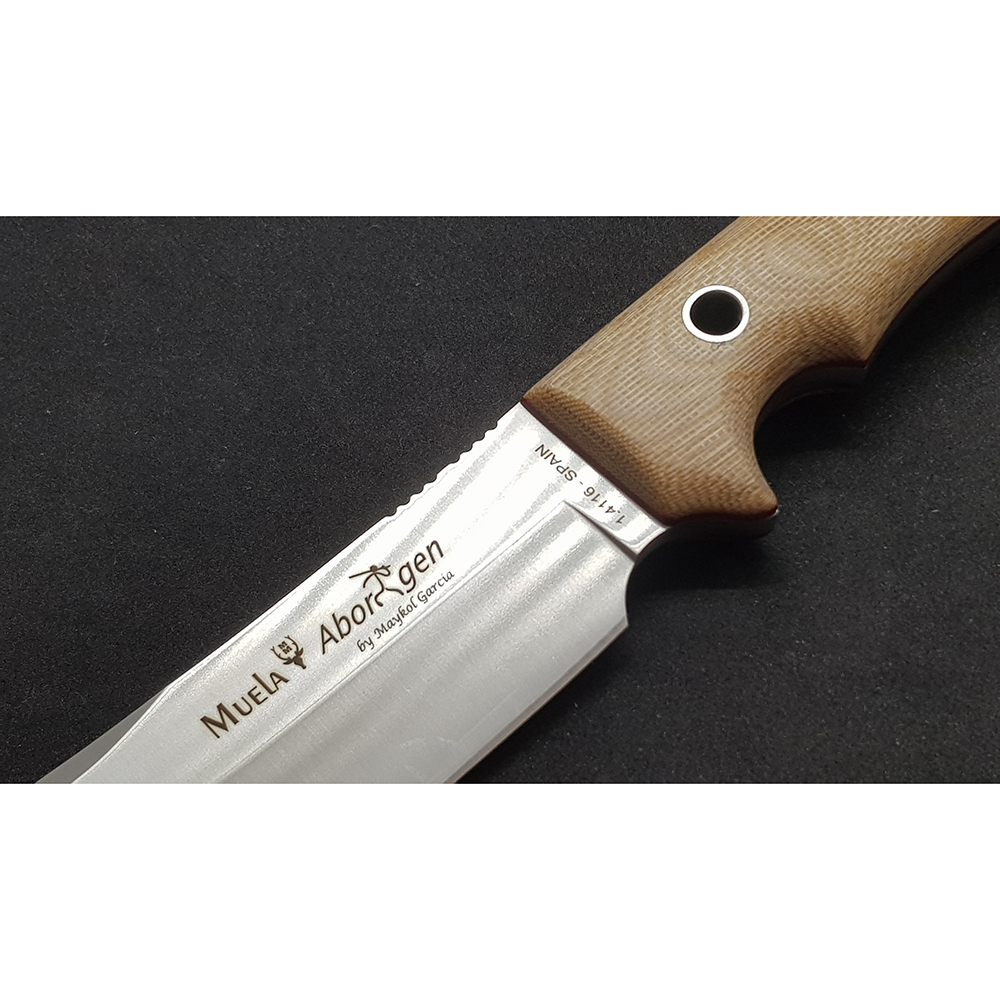 Нож "ABORIGEN" с фикс клинком длиной 12 см, рукоять коричневая микарта (canvas-micarta), ножны кожа