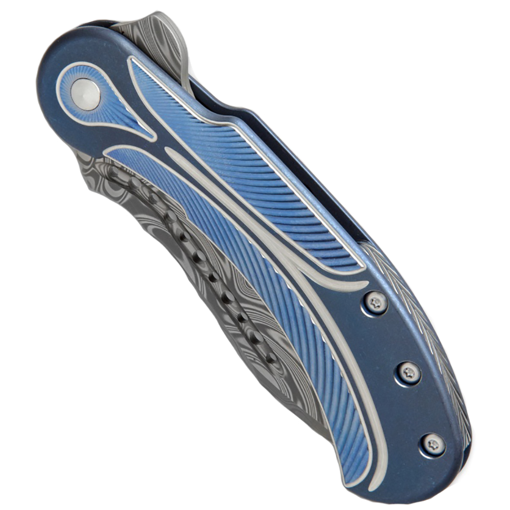 Нож складной Field Marshall, дамасская сталь, длина клинка 4", рукоять титан, цвет синий с серебрист