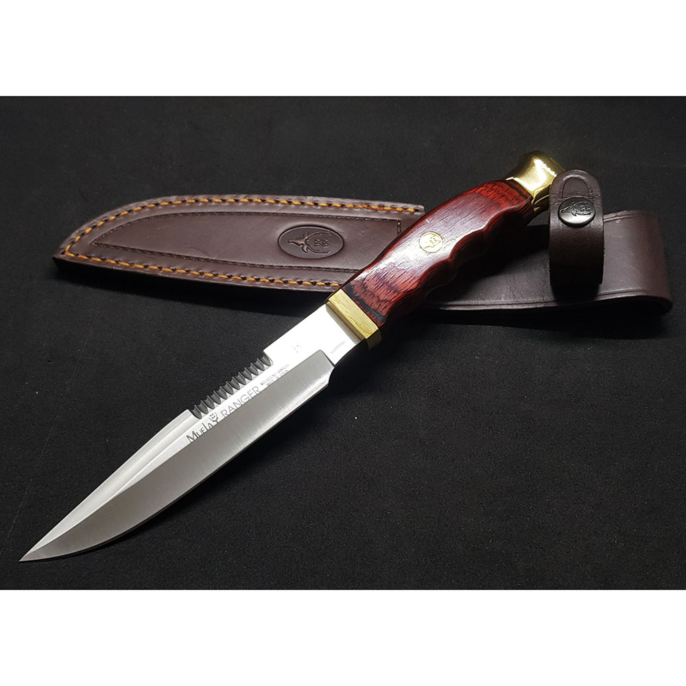 Нож "RANGER" с фикс клинком длиной 14 см пила на обухе, рукоять красная микарта, ножны кожа