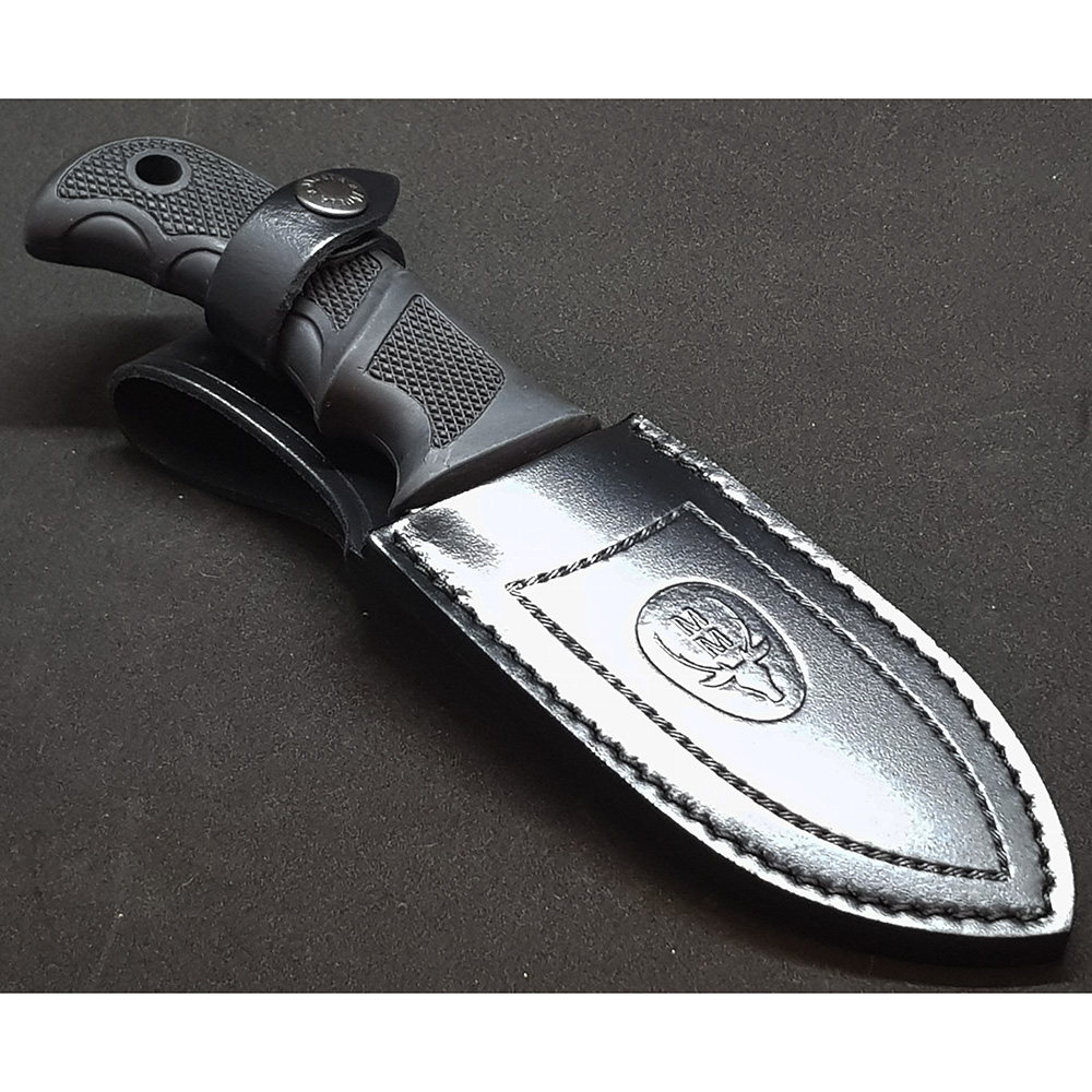 Нож-скиннер "BISONTE", клинок 11 см крюк, рукоять черный пластик, ножны кожа