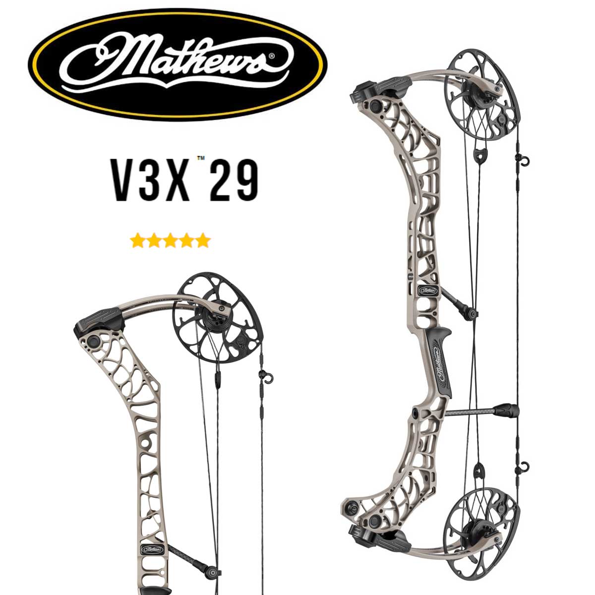 Лук блочный Mathews V3X29, GRANITE, вес 2 кг, сила 60 фунтов, от оси до оси 29", база 6", скорость 340 ф/с, сброс 80-85%, растяжка 25,5-30"