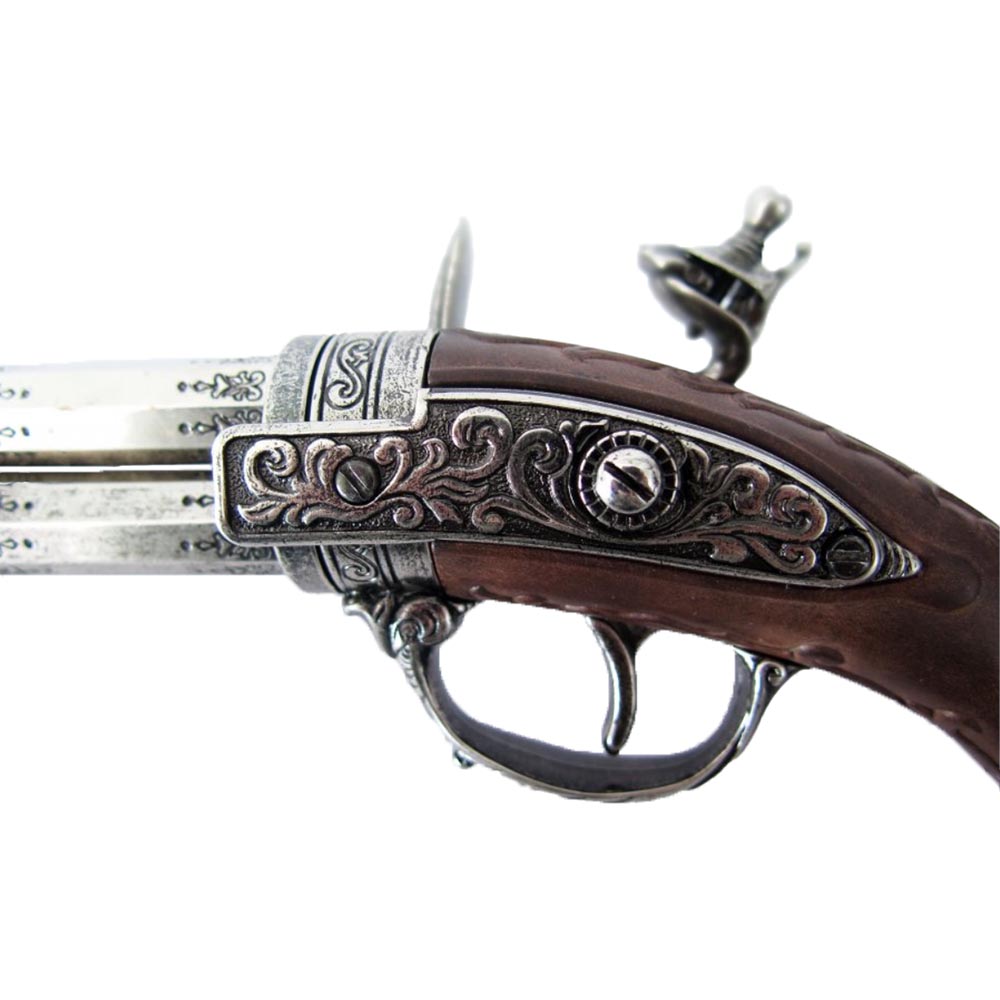 Пистолет кремневый двуствольный, репродукция с кремневым замком, из дерева и металла с имитацией гра Пистолет кремневый двуствольный, репродукция с кремневым замком, из дерева и металла с имитацией гра