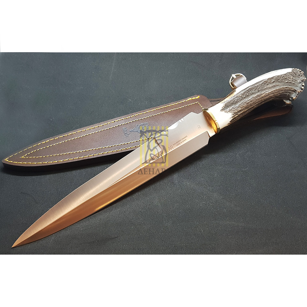 Нож "BEAR" с фикс клинком длиной 24 см, рукоять рог оленя с кроной, ножны кожа