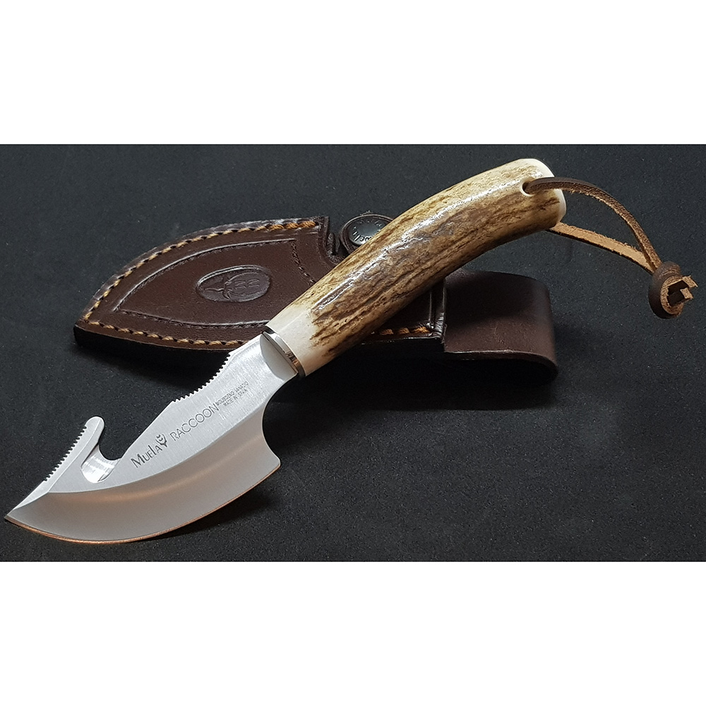 Нож-скиннер "RACOON", клинок 8 см крюк, рукоять рог оленя, ножны кожа