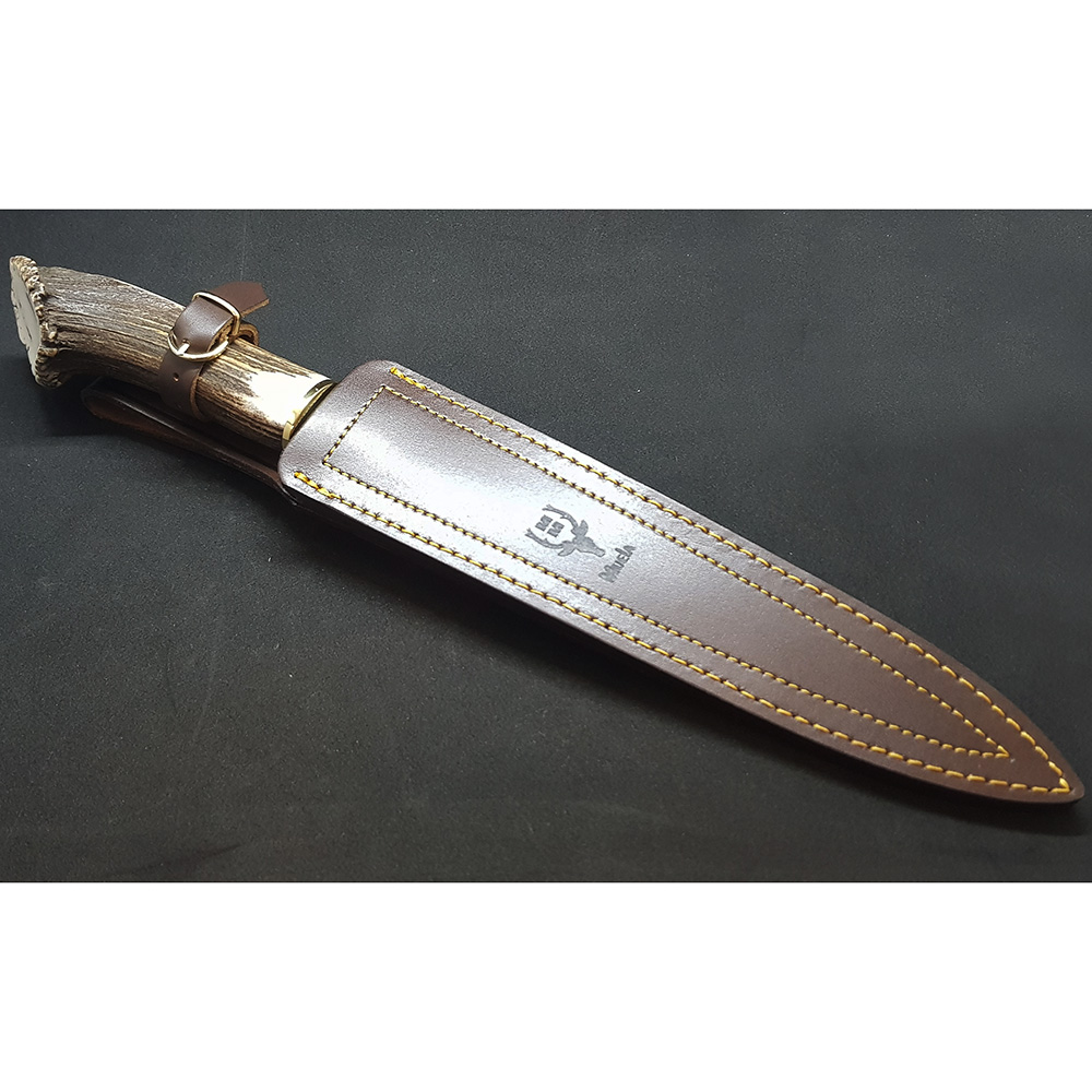 Нож "BEAR" с фикс клинком длиной 24 см, рукоять рог оленя с кроной, ножны кожа