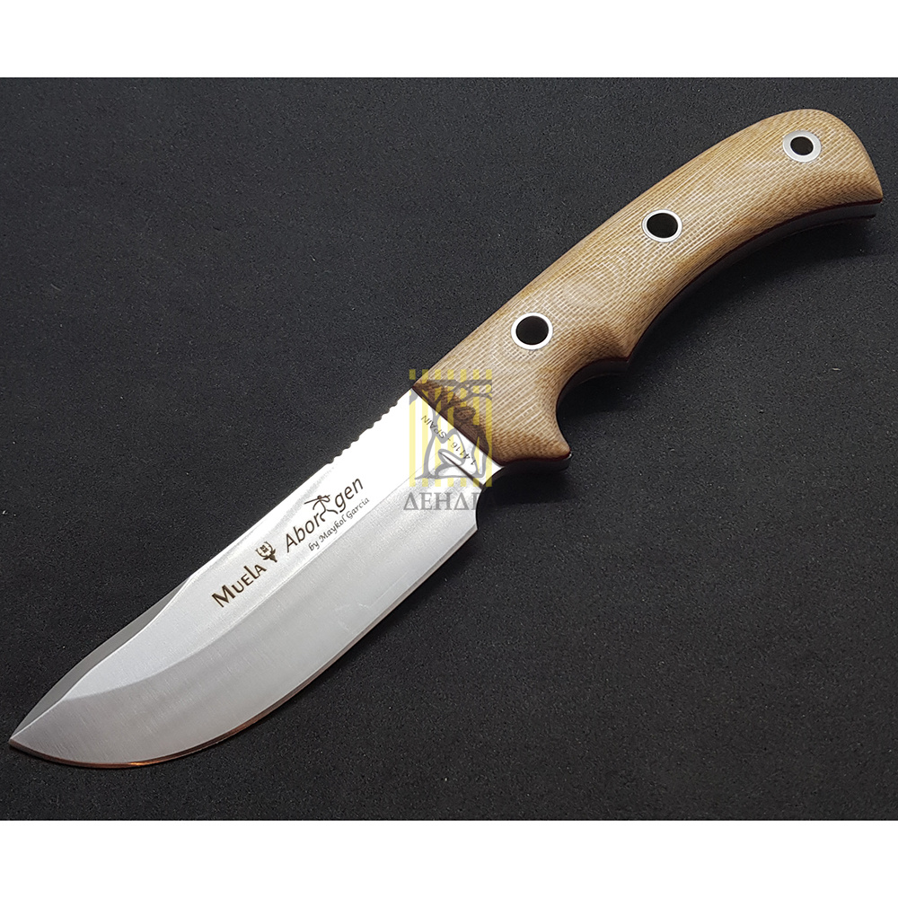 Нож "ABORIGEN" с фикс клинком длиной 12 см, рукоять коричневая микарта (canvas-micarta), ножны кожа