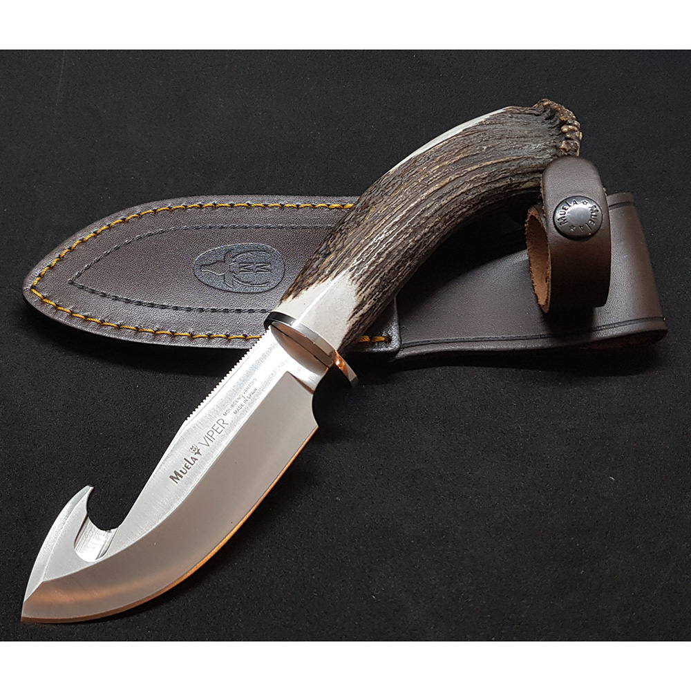 Нож-скиннер "VIPER", клинок 11 см крюк, рукоять рог оленя с кроной, ножны кожа