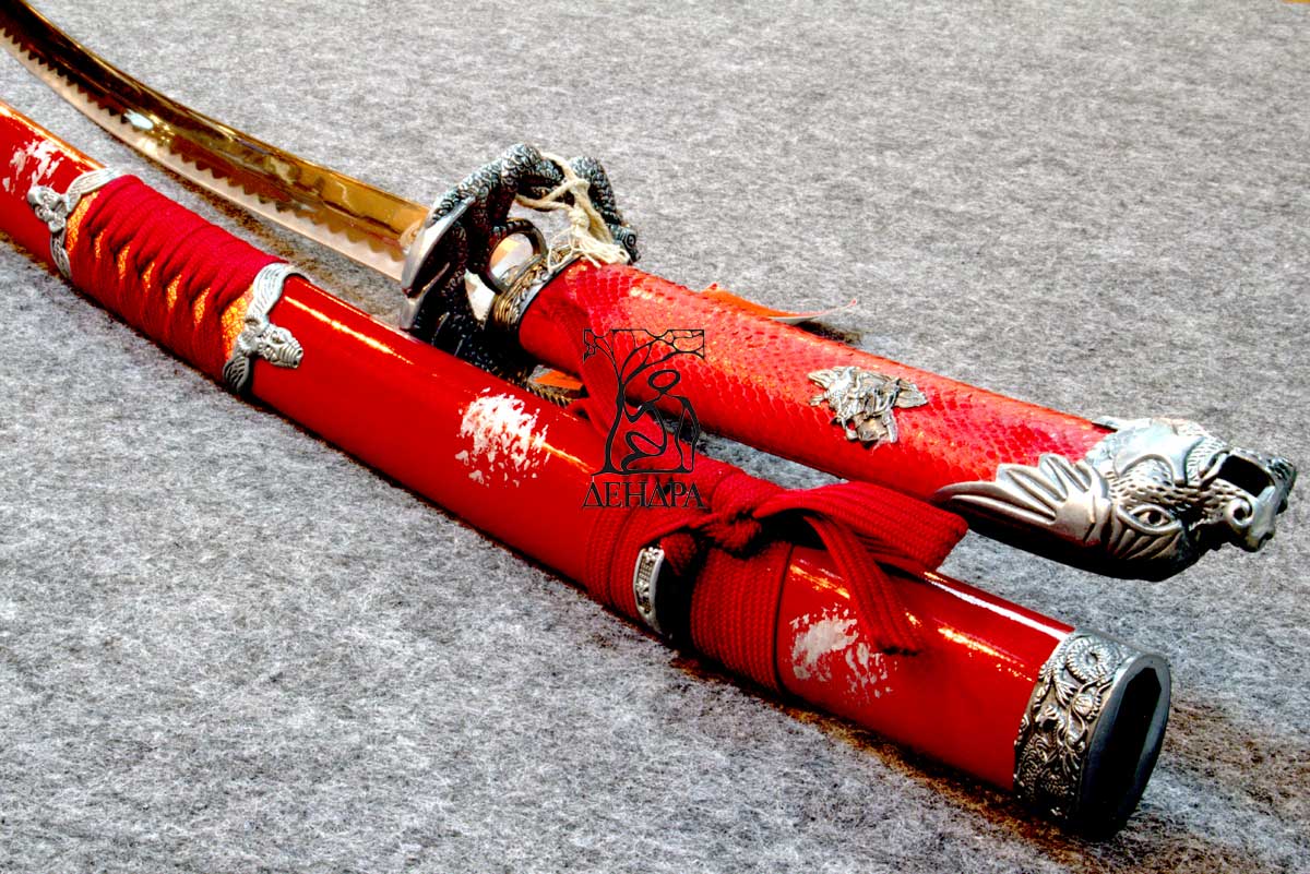 Катана "Красная Змея", цвет красно-серый, ножны плетёные, латунь