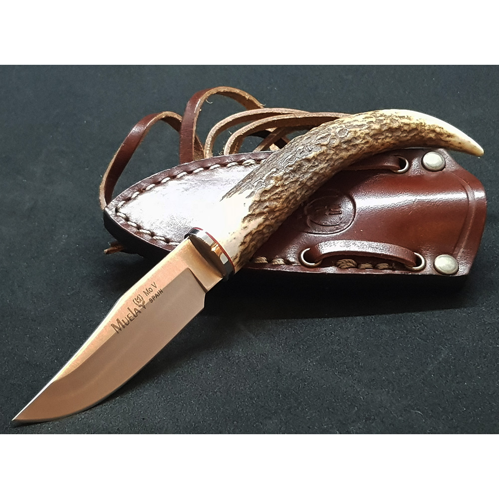 Нож "BOWIE" с фикс клинком длиной 6 см, рукоять рог оленя, ножны кожа