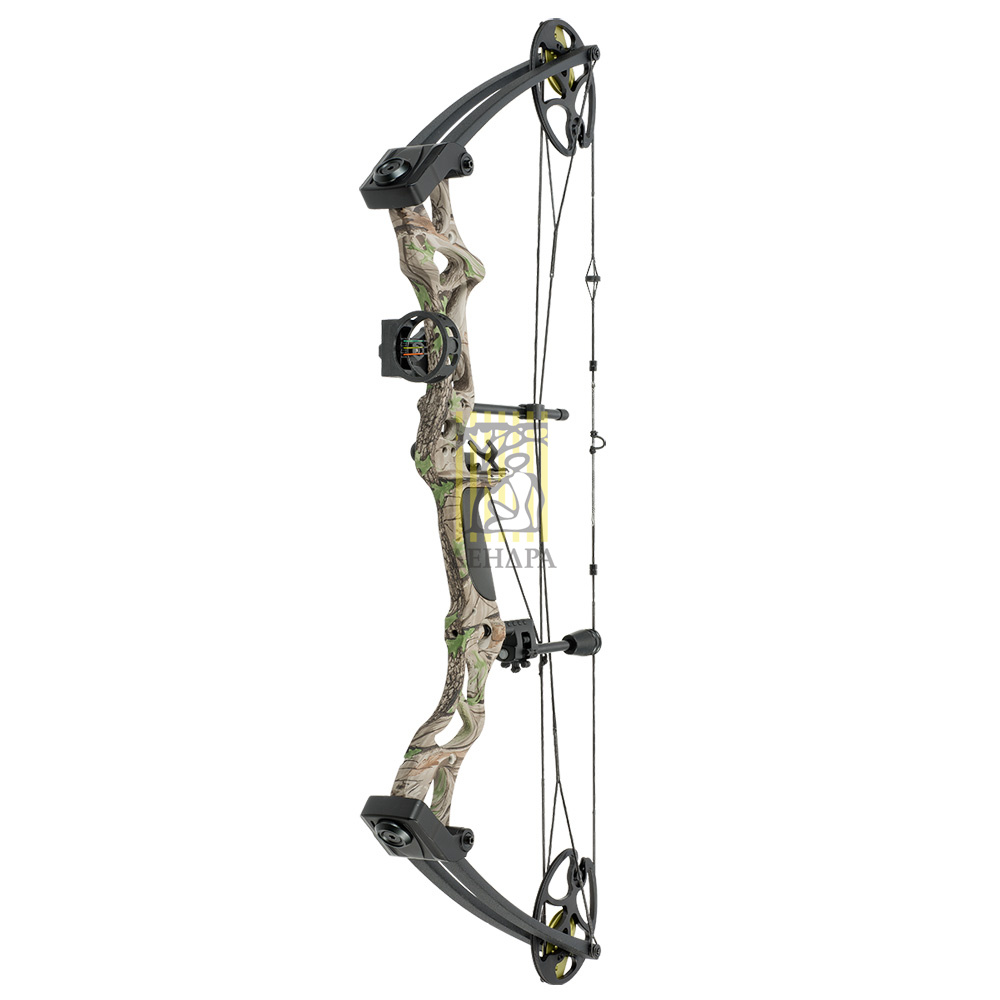 Лук блочный, рукоять алюминий, начальная скорость 310 фут/сек, сила 60Lbs, цвет зеленый камуфлирован