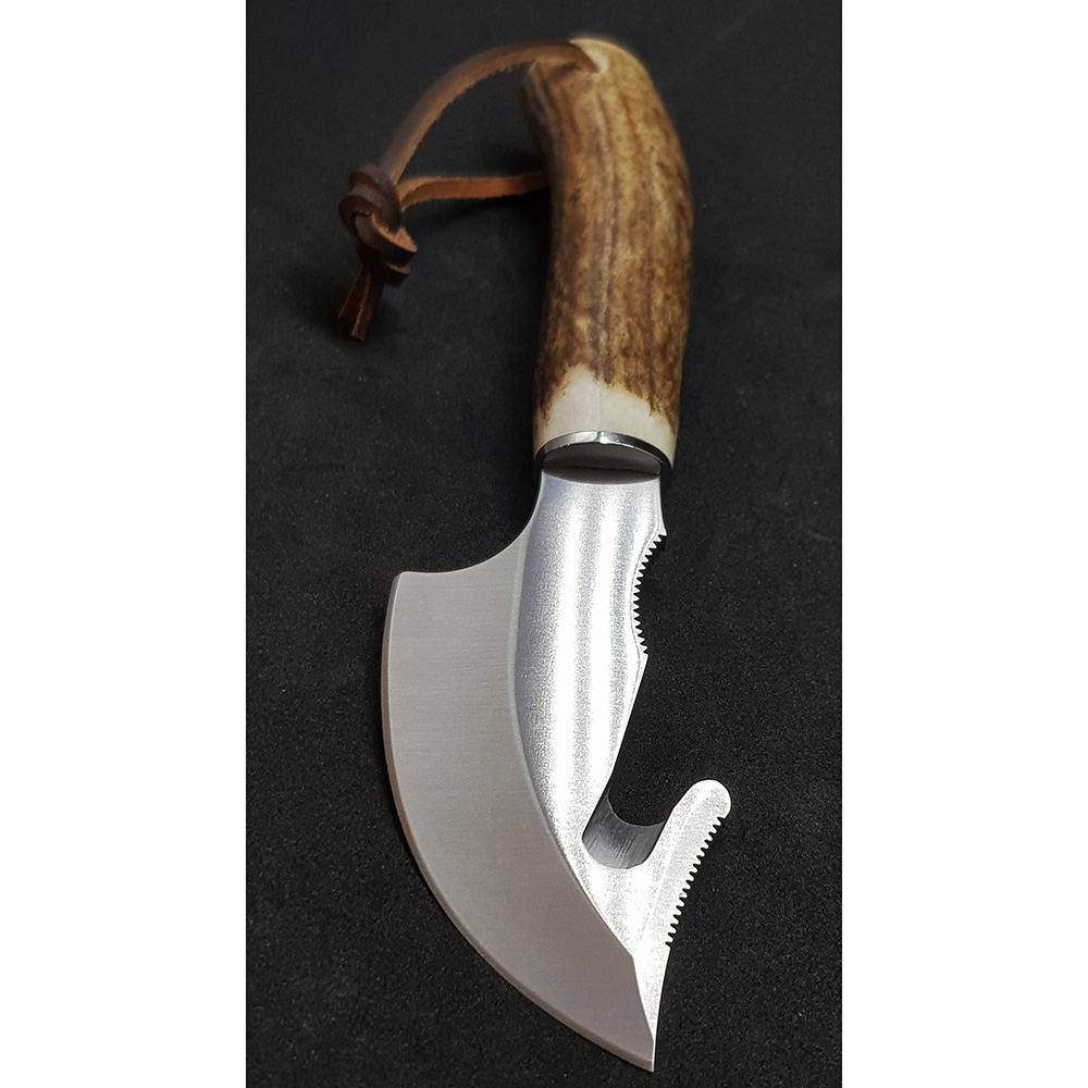 Нож-скиннер "RACOON", клинок 8 см крюк, рукоять рог оленя, ножны кожа