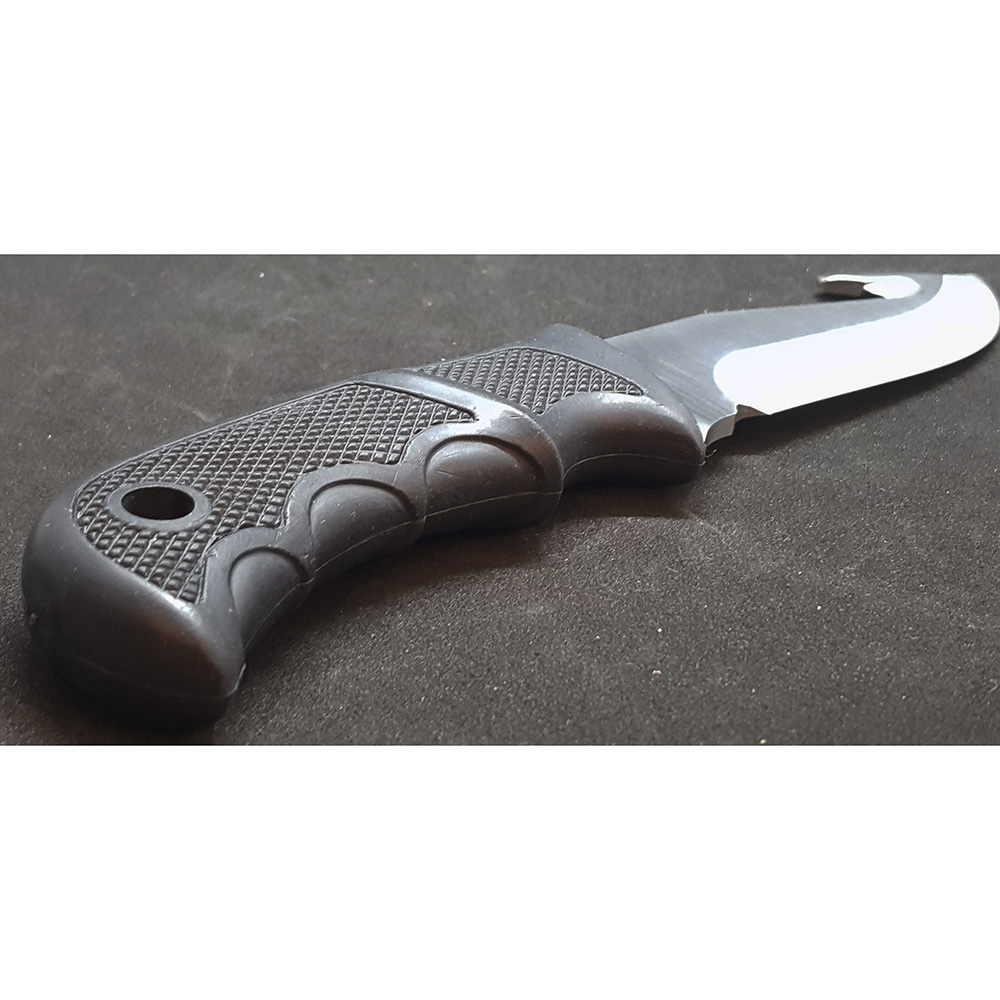 Нож-скиннер "BISONTE", клинок 11 см крюк, рукоять черный пластик, ножны кожа