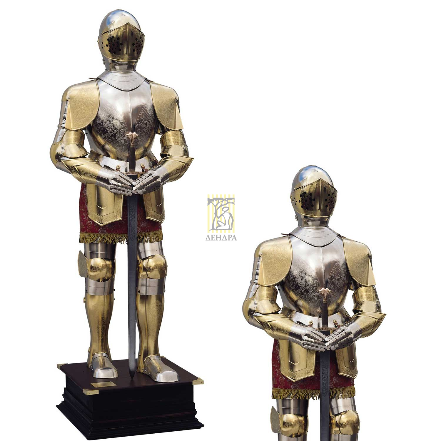 Доспехи рыцарские с гравировкой и позолотой, Xii века, в полный рост, на деревянном постаменте, высо