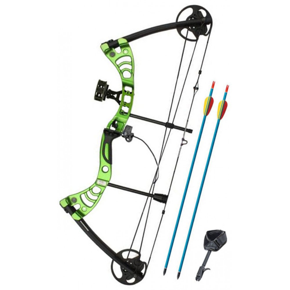 Лук блочный, сила 55 Lbs, с комплектом аксессуаров: 2 алюминиевые стрелы, прицел, полочка, релиз, пе