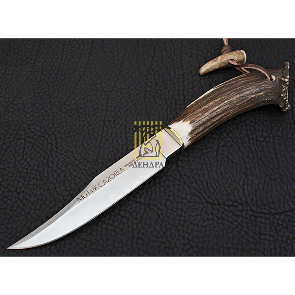 Нож "CAZ" с фикс клинком длиной 16 см, рукоять рог оленя с кроной, ножны кожа