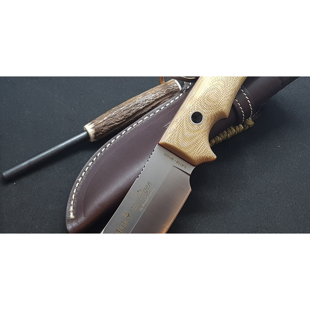 Нож "ABORIGEN" с фикс клинком длиной 12 см, рукоять коричневая микарта (canvas-micarta), ножны кожа