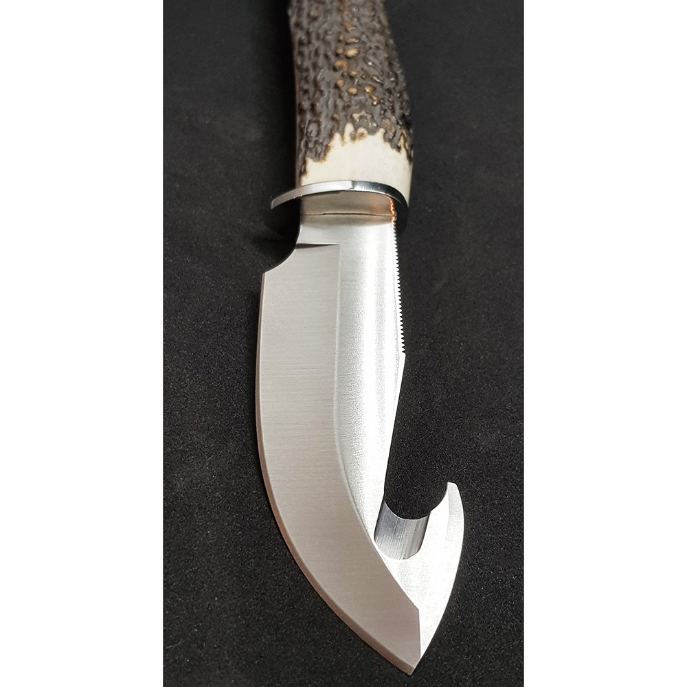 Нож-скиннер "VIPER", клинок 11 см крюк, рукоять рог оленя, ножны кожа