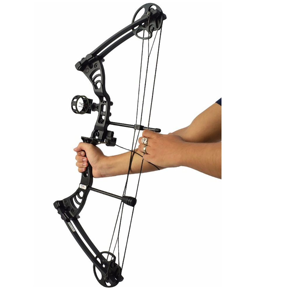 Лук блочный, рукоять алюминий, плечи фиброглас, начальная скорость 296 фут/сек, сила 55Lbs, цвет чер