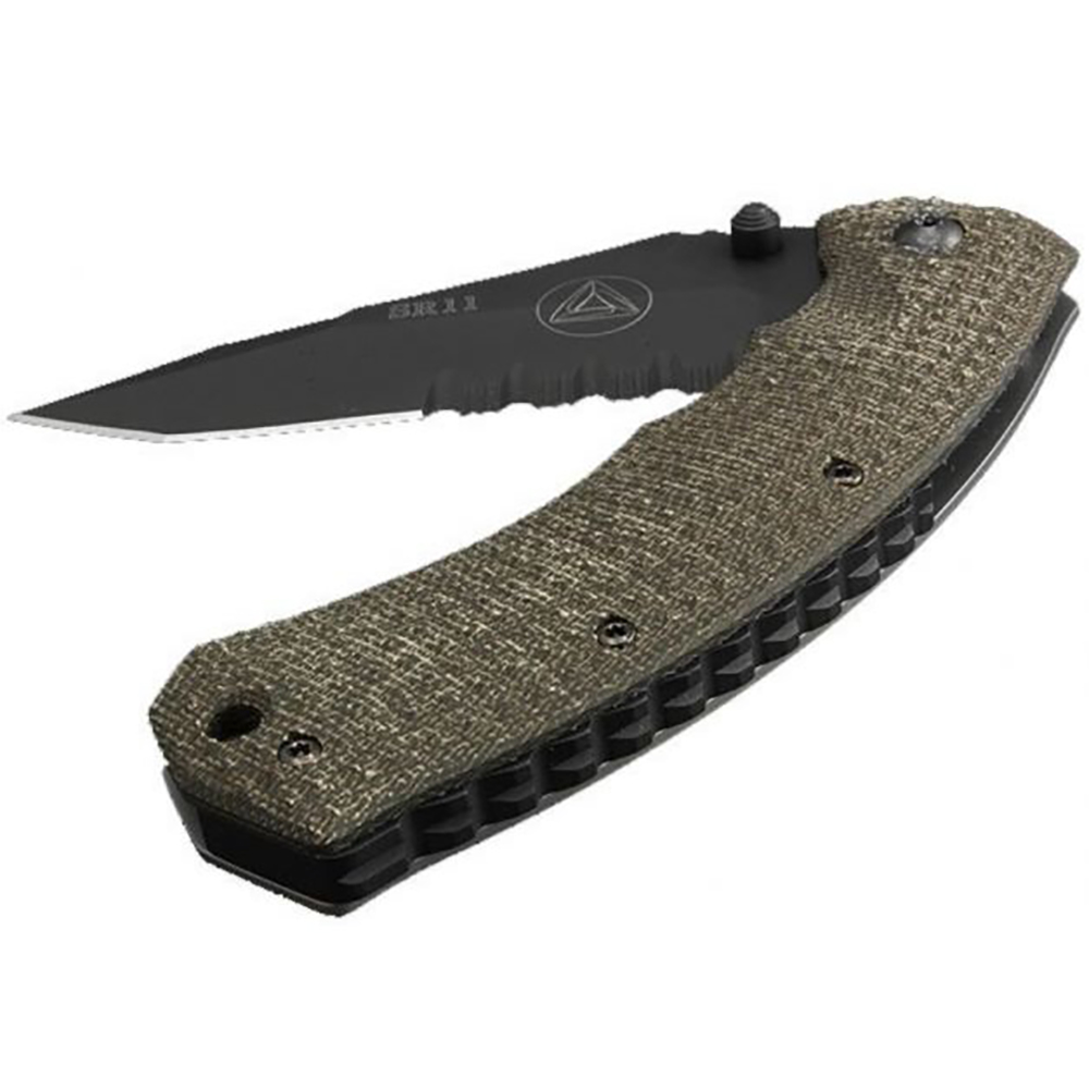 Нож "COMBATIVE EDGE M3" складной, сталь N690Co, покрытие DLC, серрейтор, рукоять зеленая микарта, кл