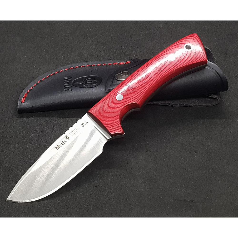 Нож "RHINO" с фикс клинком длиной 9 см, рукоять красная микарта, ножны кожа