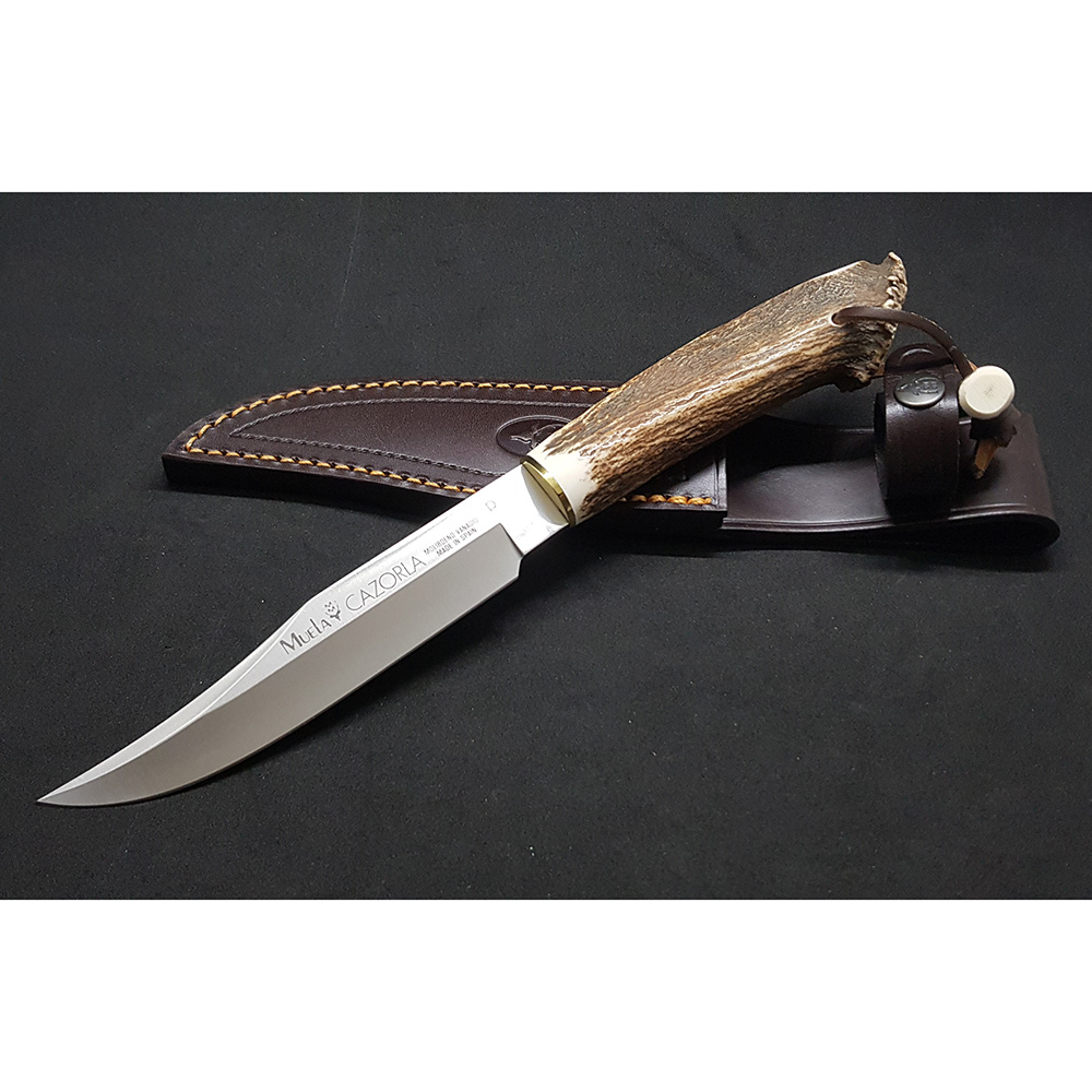 Нож "CAZ" с фикс клинком длиной 16 см, рукоять рог оленя с кроной, ножны кожа