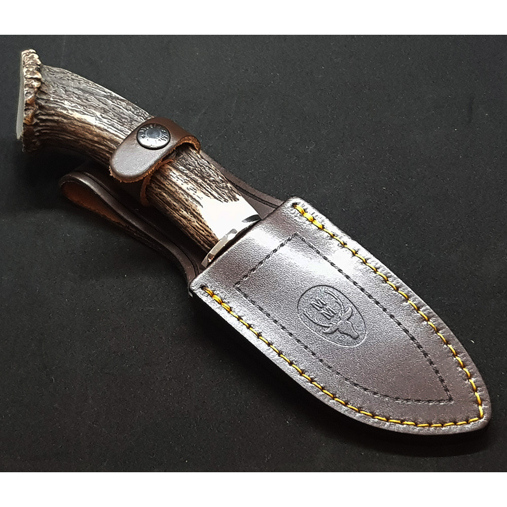 Нож-скиннер "VIPER", клинок 11 см крюк, рукоять рог оленя с кроной, ножны кожа