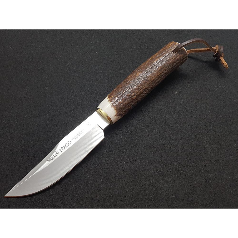 Нож "BRACO" с фикс клинком длиной 11 см, рукоять рог оленя, ножны кожа
