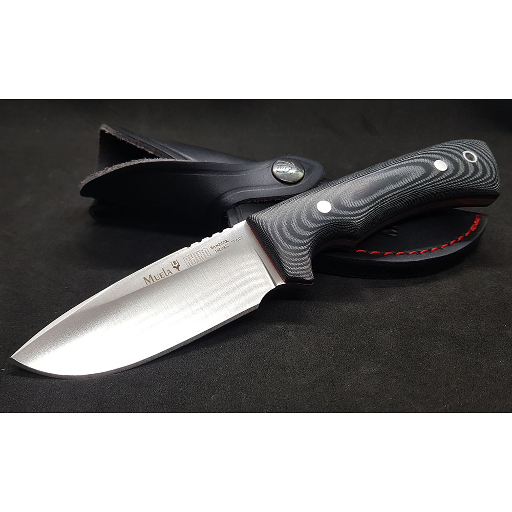 Нож "RHINO" с фикс клинком длиной 9 см, рукоять черная микарта, ножны кожа