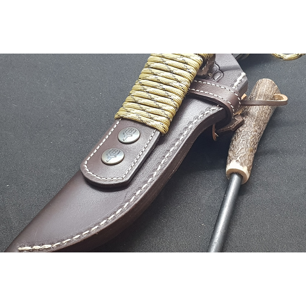 Нож "ABORIGEN" с фикс клинком длиной 12 см, рукоять бежевая микарта (canvas-micarta), ножны кожа