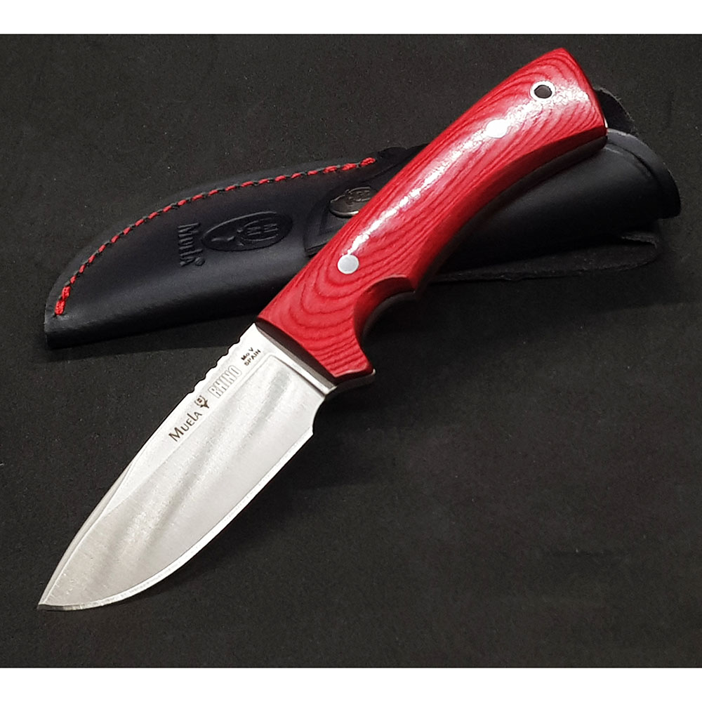 Нож "RHINO" с фикс клинком длиной 9 см, рукоять красная микарта, ножны кожа