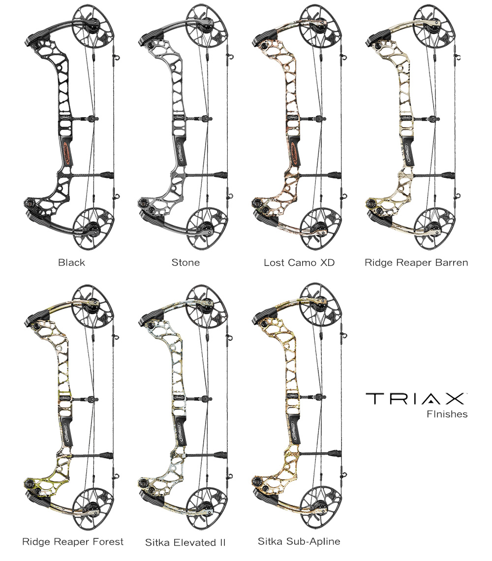 Лук блочный TRIAX, начальная скорость 343 фут в сек, расстояние между осями 28", база 6", сила 60 lb