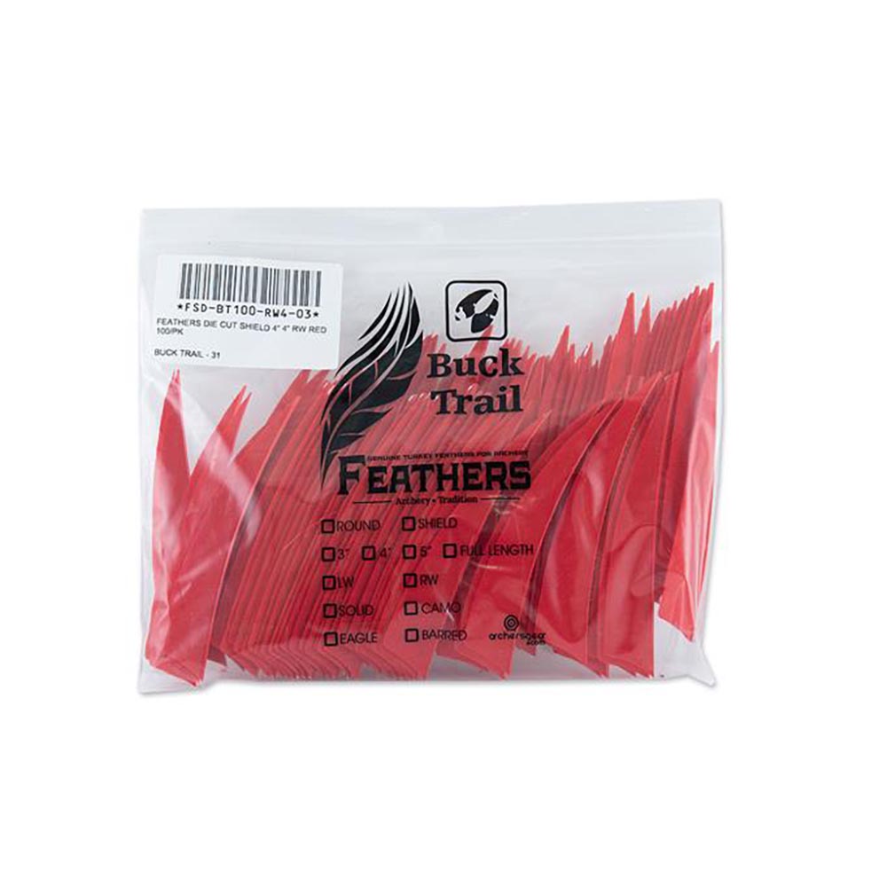 Оперение для стрел Buck Trail, форма Shield, размер 4", цвет красный, 100 шт/уп