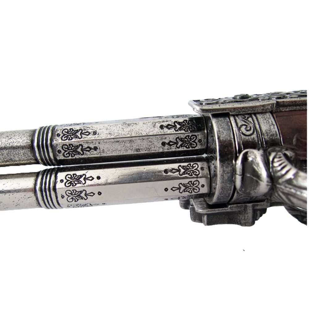 Пистолет кремневый двуствольный, репродукция с кремневым замком, из дерева и металла с имитацией гра Пистолет кремневый двуствольный, репродукция с кремневым замком, из дерева и металла с имитацией гра