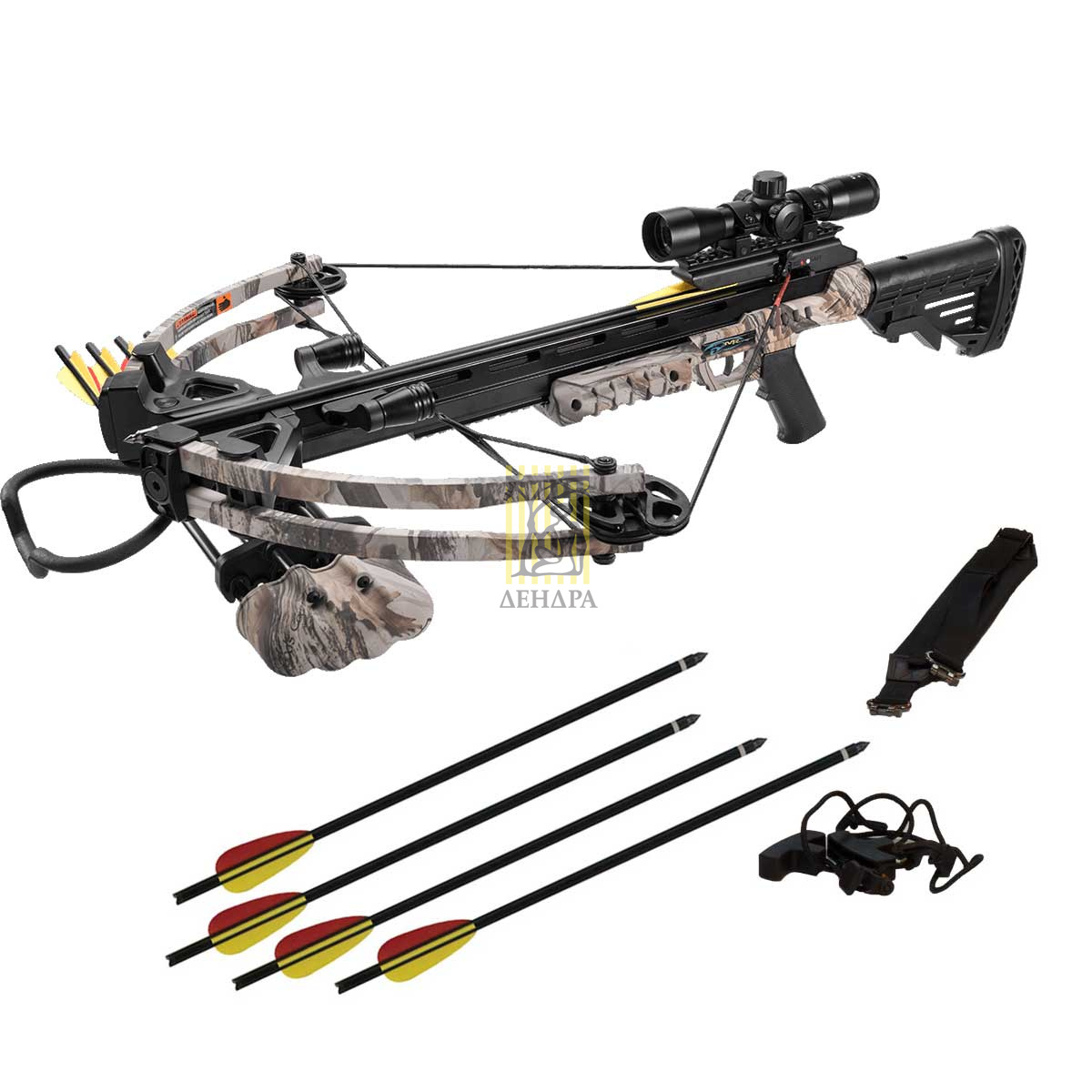 Арбалет блочный с защитой от холостого выстрела, начальная скорость 370 фут/сек, расстояние между ос