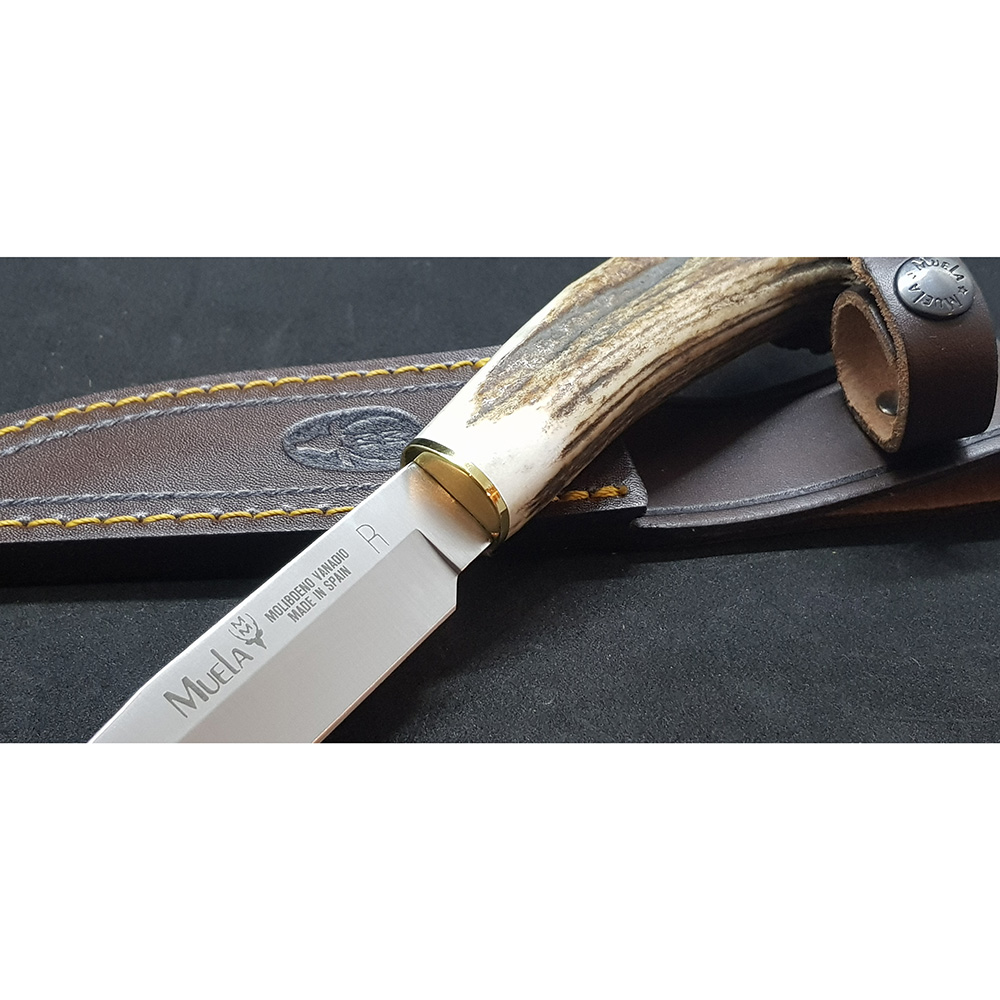 Нож "GRED" с фикс клинком длиной 12 см, рукоять рог оленя с кроной, ножны кожа