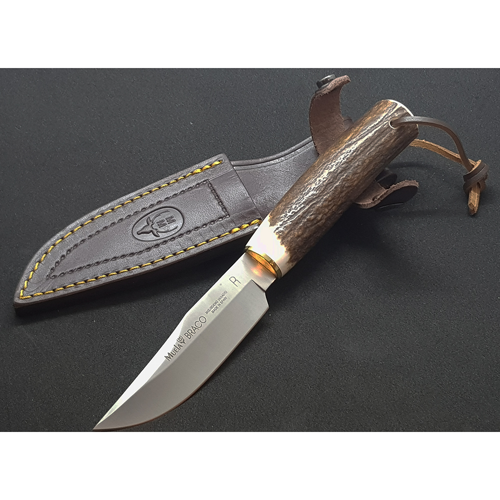 Нож "BRACO" с фикс клинком длиной 11 см, рукоять рог оленя, ножны кожа
