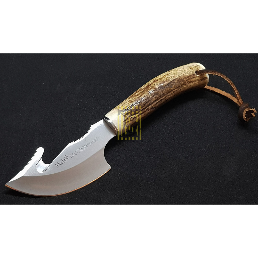 Нож-скиннер "RACOON", клинок 8 см крюк, рукоять рог оленя, ножны кожа