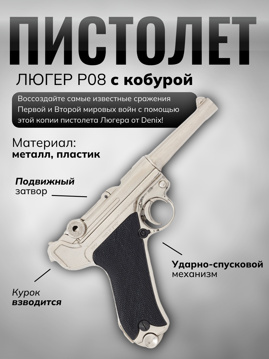 Пистолет Люгер модель P08, полуавтоматический, Германия, 1898 г., никелированный корпусплас, тиковые