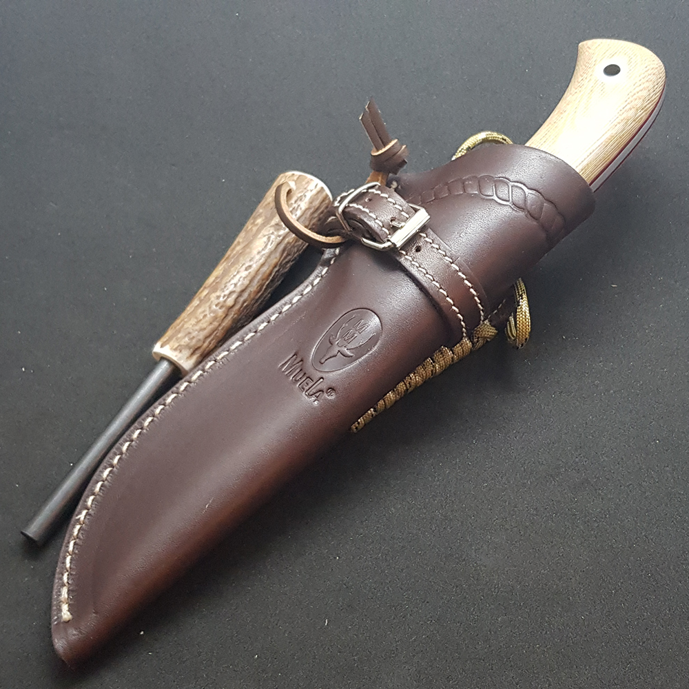 Нож "ABORIGEN" с фикс клинком длиной 12 см, рукоять коричневая микарта (canvas-micarta), ножны кожа