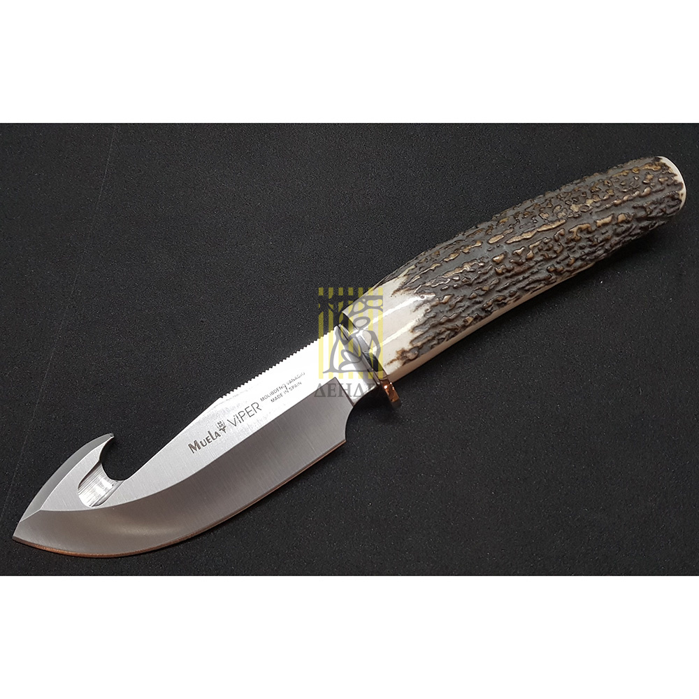 Нож-скиннер "VIPER", клинок 11 см крюк, рукоять рог оленя, ножны кожа