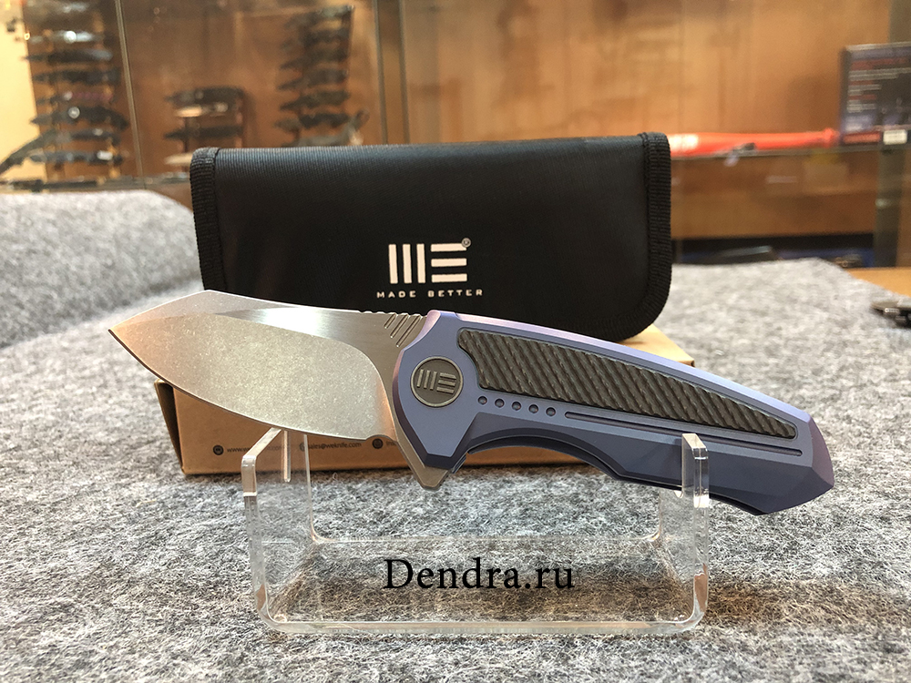 Нож Valiant, цвет синий с серым, сталь CPM-S35VN, длина клинка 75,5 мм, рукоять титан/карбон, frame-