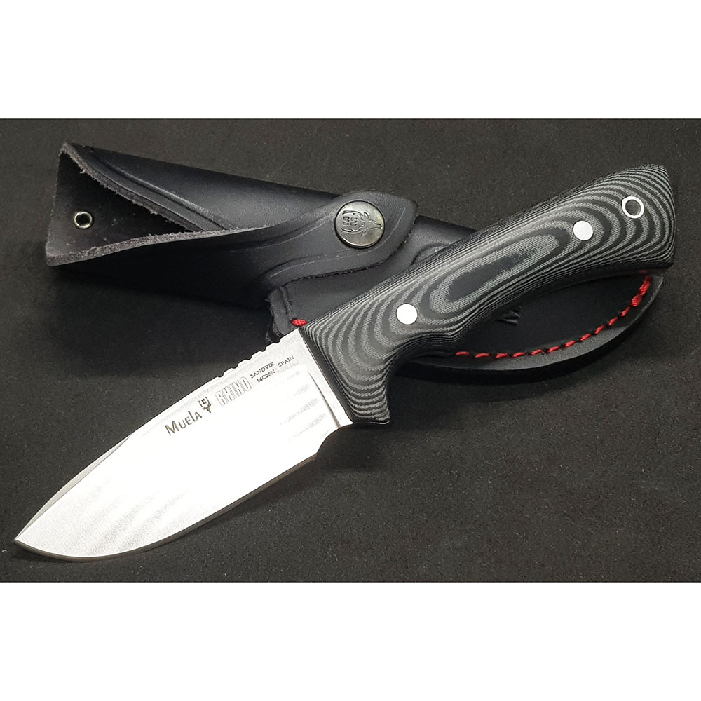 Нож "RHINO" с фикс клинком длиной 9 см, рукоять черная микарта, ножны кожа