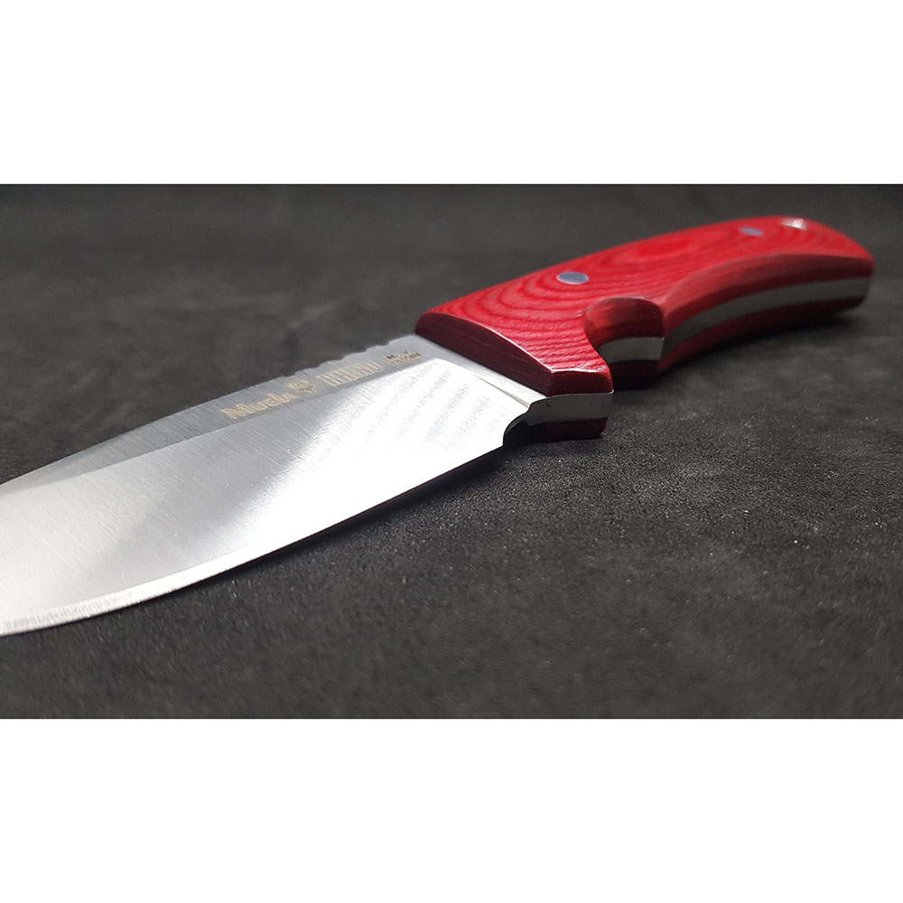 Нож "RHINO" с фикс клинком длиной 9 см, рукоять красная микарта, ножны кожа