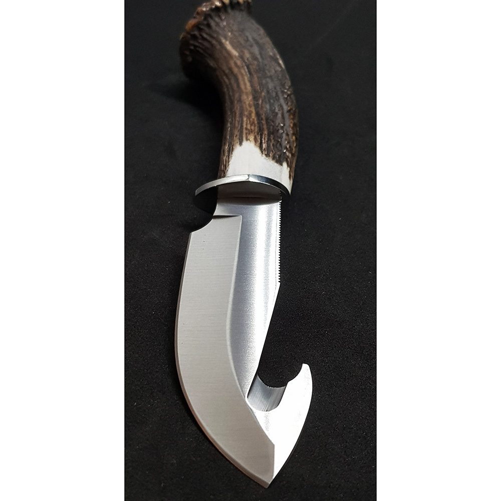 Нож-скиннер "VIPER", клинок 11 см крюк, рукоять рог оленя с кроной, ножны кожа