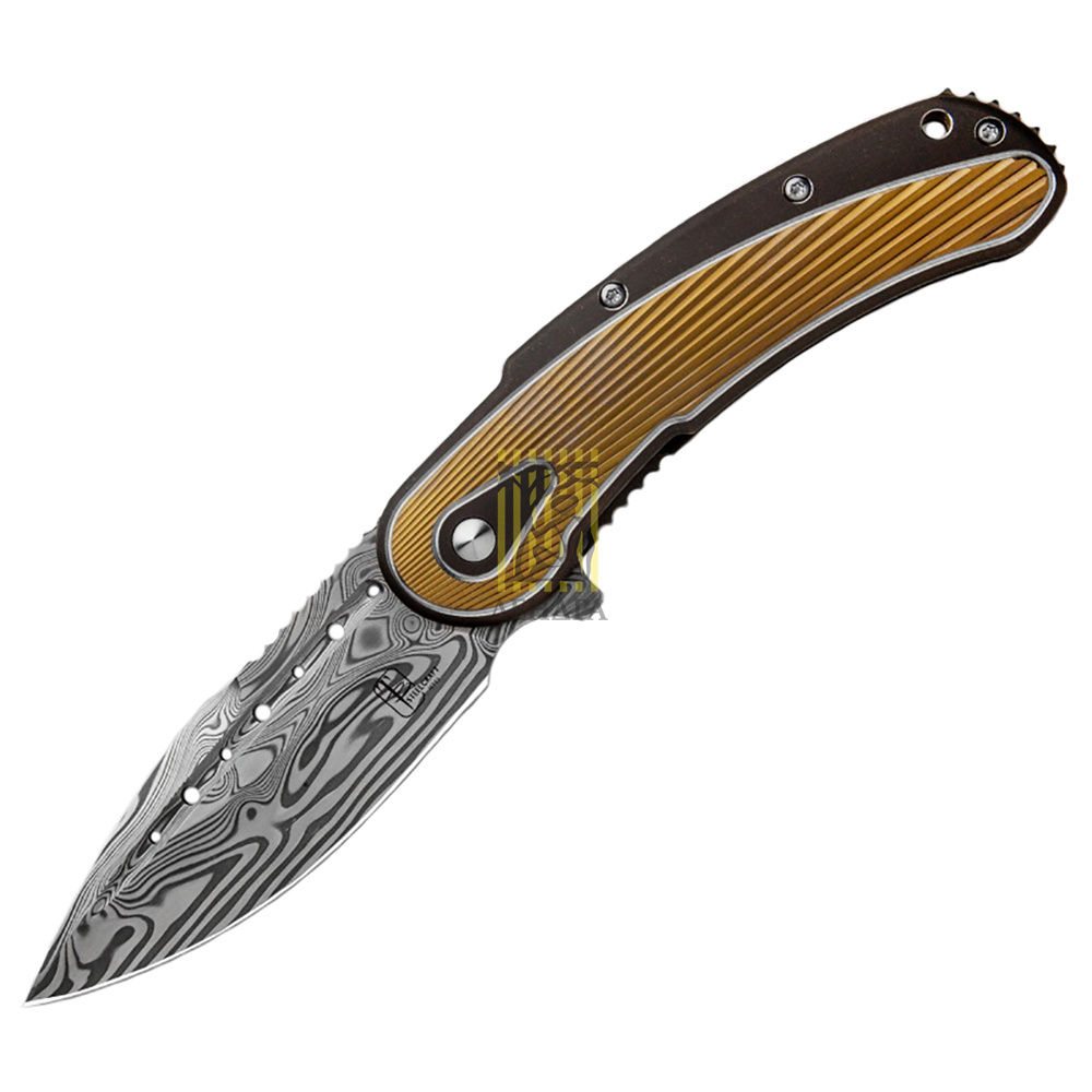 Нож Bodega,сталь Damasteel, длина клинка 3.875″, рукоять титан, золото с бронзой и серебром, дол