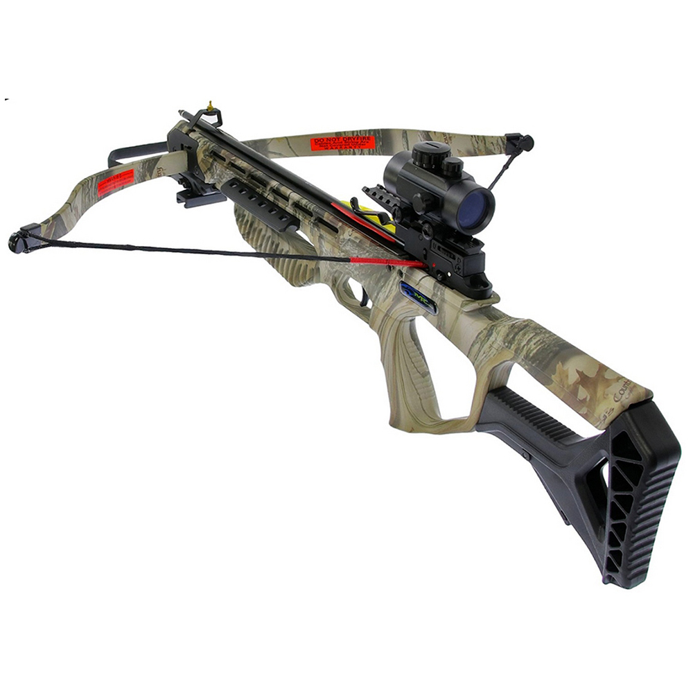 Арбалет рекурсивный, начальная скорость 260 фут/сек, размах плечей 27,5", длина натяжения 12", сила 