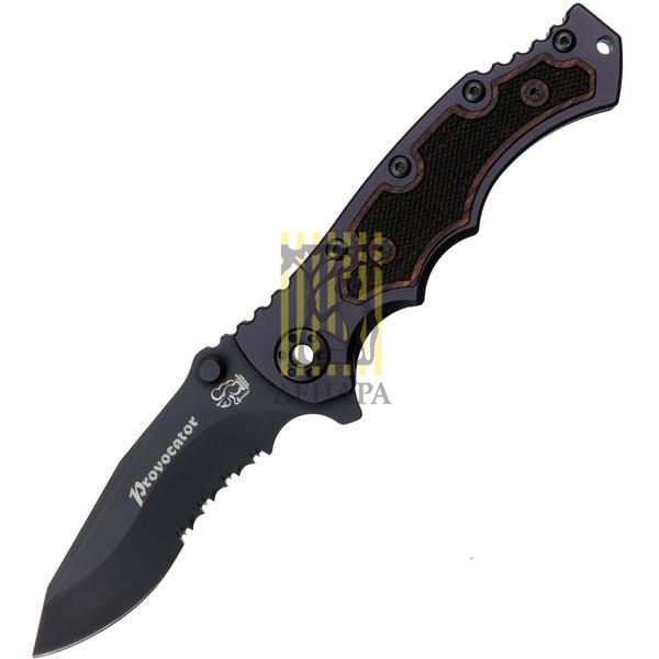 Нож PROVOCATOR складной, клинок черный, серрейтор, рукоять с дерев.накладкой