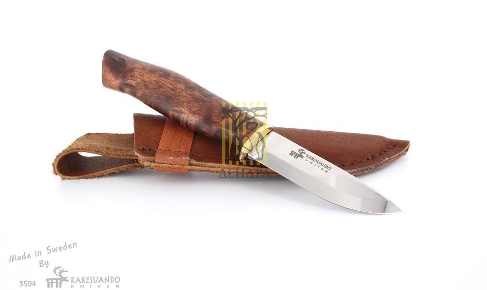 Нож "Piglet", дамасская сталь, рукоять карельская береза, кожаный чехол